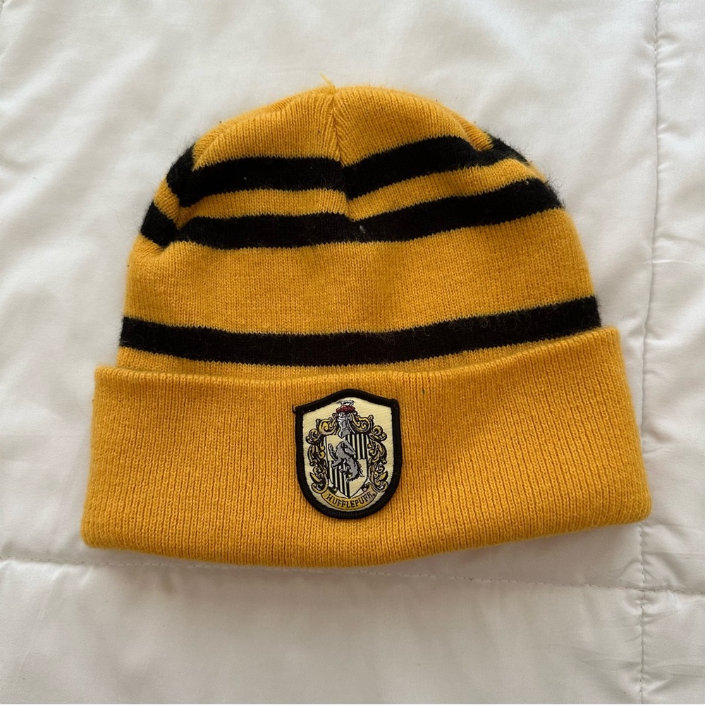 Yellow and Black Striped Beanie with Hufflepuff Crest